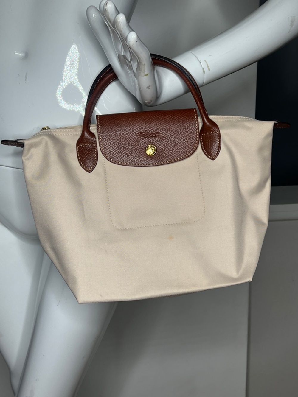 Longchamp Cream Beige Le Pliage Small Top Handle Handbag